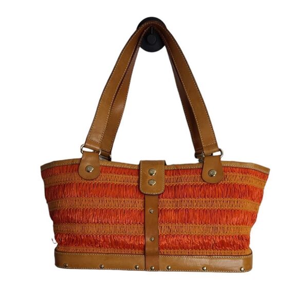 KATE SPADE orange sherbet leather trim raffia wood bottom shoulder bag purse - Picture 3 of 15